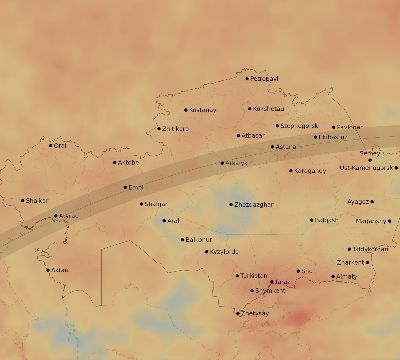 Map of the average cloud coverage across Kazakhstan for the solar eclipse of 03/29/2006
