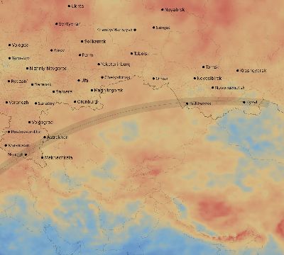 Map of the average cloud coverage across Russia for the solar eclipse of 03/29/2006