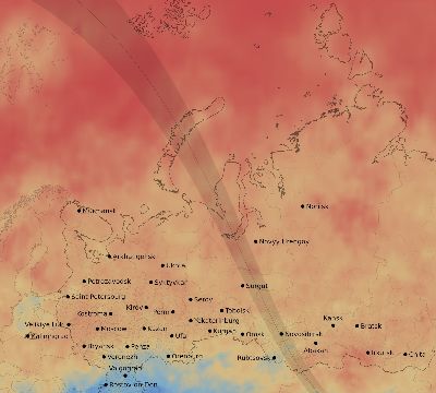Map of the average cloud coverage across Russia for the solar eclipse of 08/01/2008