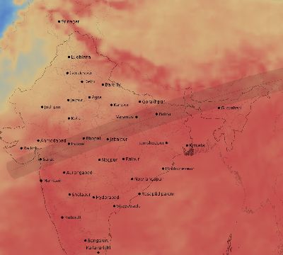 Map of the average cloud coverage across India for the solar eclipse of 07/22/2009