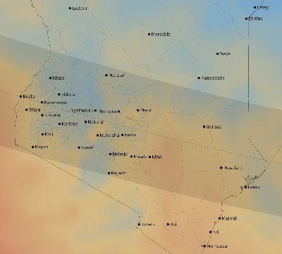 Map of the average cloud coverage across Kenya for the solar eclipse of 01/15/2010