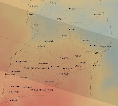 Map of the average cloud coverage across Uganda for the solar eclipse of 01/15/2010