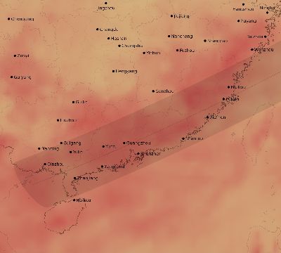 Map of the average cloud coverage across China for the solar eclipse of 05/20/2012
