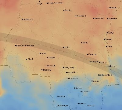 Map of the average cloud coverage across DR Congo for the solar eclipse of 09/01/2016