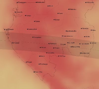 Map of the average cloud coverage across Gabon for the solar eclipse of 09/01/2016