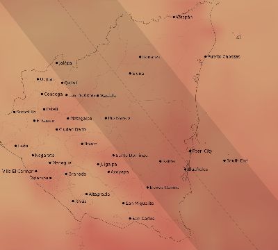 Map of the average cloud coverage across Nicaragua for the solar eclipse of 10/14/2023