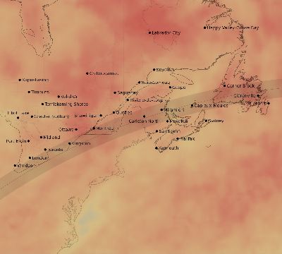 Map of the average cloud coverage across Canada for the solar eclipse of 04/08/2024
