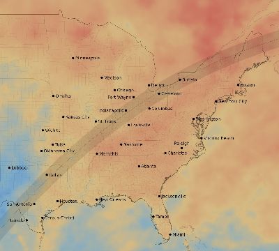 Map of the average cloud coverage across United States for the solar eclipse of 04/08/2024
