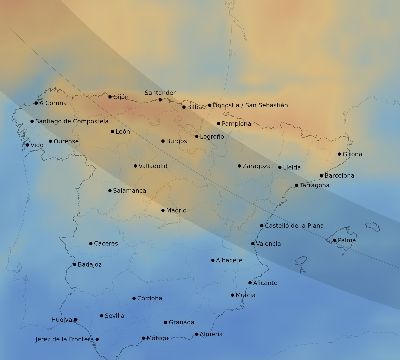 Map of the average cloud coverage across Spain for the solar eclipse of 08/12/2026