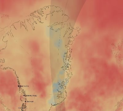 Map of the average cloud coverage across Greenland for the solar eclipse of 08/12/2026