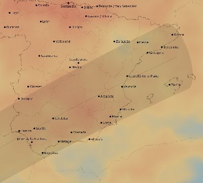 Map of the average cloud coverage across Spain for the solar eclipse of 01/26/2028