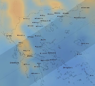 Map of the average cloud coverage across Greece for the solar eclipse of 06/01/2030