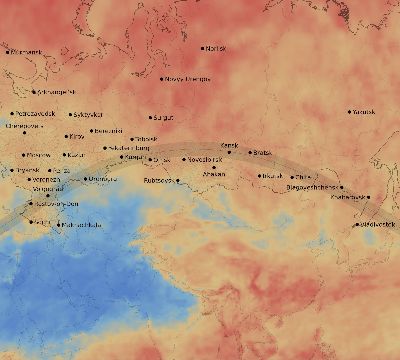 Map of the average cloud coverage across Russia for the solar eclipse of 06/01/2030