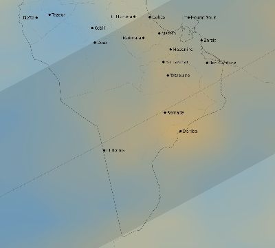 Map of the average cloud coverage across Tunisia for the solar eclipse of 06/01/2030