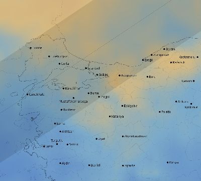 Map of the average cloud coverage across Turkey for the solar eclipse of 06/01/2030