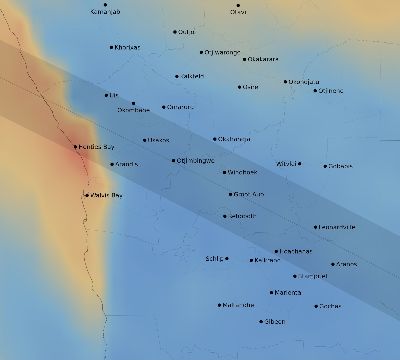 Map of the average cloud coverage across Namibia for the solar eclipse of 11/25/2030