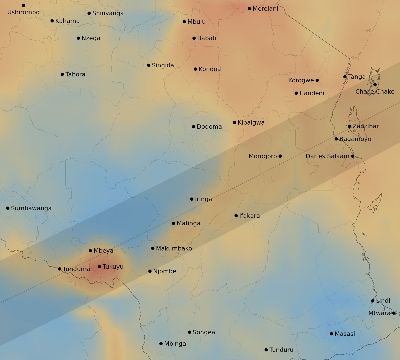 Map of the average cloud coverage across Tanzania for the solar eclipse of 05/21/2031