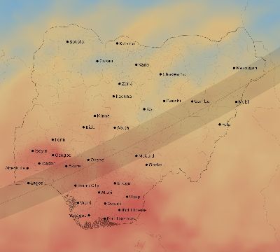 Map of the average cloud coverage across Nigeria for the solar eclipse of 03/20/2034