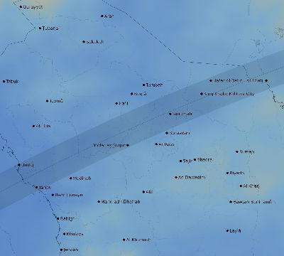 Map of the average cloud coverage across Saudi Arabia for the solar eclipse of 03/20/2034