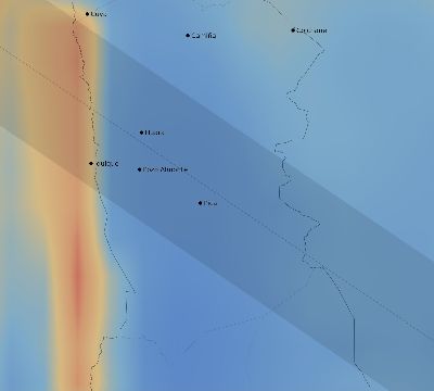 Map of the average cloud coverage across Chile for the solar eclipse of 09/12/2034