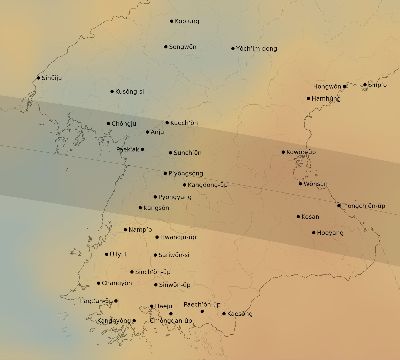 Map of the average cloud coverage across North Korea for the solar eclipse of 09/02/2035