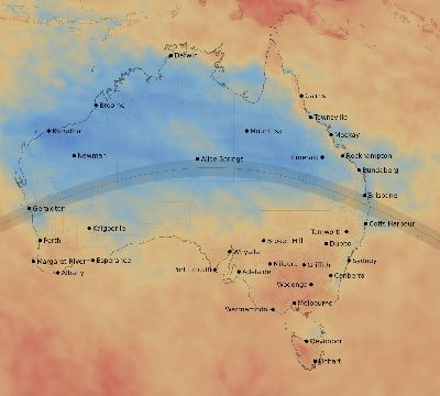 Map of the average cloud coverage across Australia for the solar eclipse of 07/13/2037