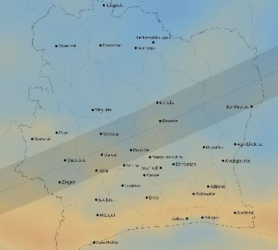 Map of the average cloud coverage across Côte d'Ivoire (Ivory Coast) for the solar eclipse of 01/05/2038