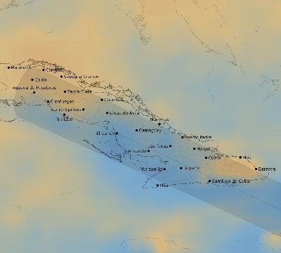 Map of the average cloud coverage across Cuba for the solar eclipse of 01/05/2038