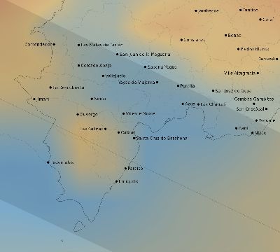 Map of the average cloud coverage across Dominican Republic for the solar eclipse of 01/05/2038