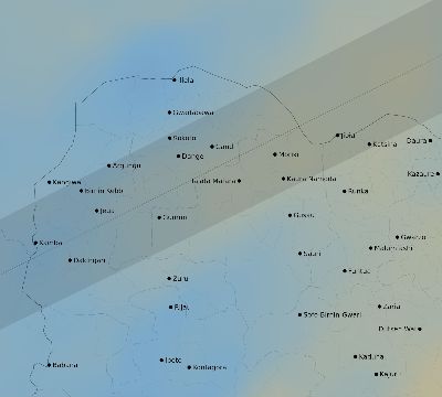 Map of the average cloud coverage across Nigeria for the solar eclipse of 01/05/2038