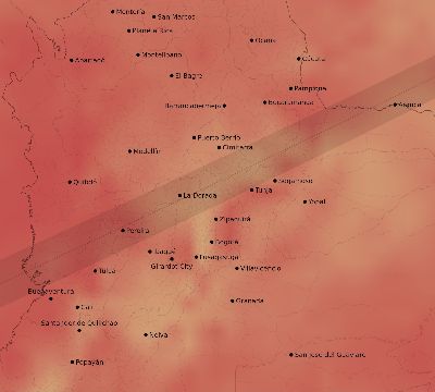 Map of the average cloud coverage across Colombia for the solar eclipse of 07/02/2038