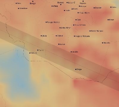 Map of the average cloud coverage across Ethiopia for the solar eclipse of 07/02/2038