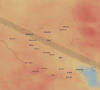 Map of the average cloud coverage across South Sudan for the solar eclipse of 07/02/2038