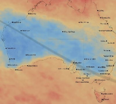 Map of the average cloud coverage across Australia for the solar eclipse of 12/26/2038