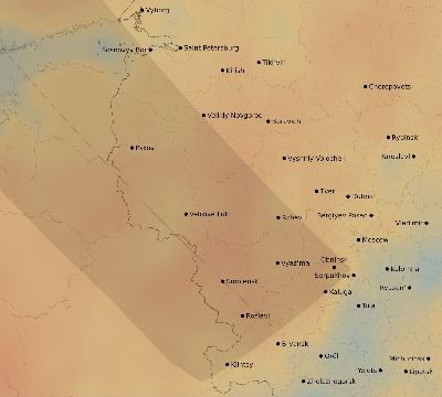 Map of the average cloud coverage across Russia for the solar eclipse of 06/21/2039