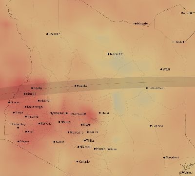 Map of the average cloud coverage across Kenya for the solar eclipse of 04/30/2041