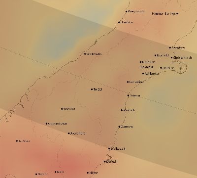 Map of the average cloud coverage across New Zealand for the solar eclipse of 10/14/2042