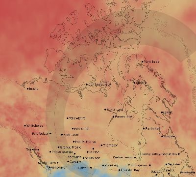 Map of the average cloud coverage across Canada for the solar eclipse of 08/23/2044