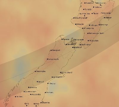 Map of the average cloud coverage across New Zealand for the solar eclipse of 02/16/2045
