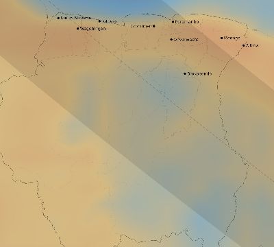 Map of the average cloud coverage across Suriname for the solar eclipse of 08/12/2045
