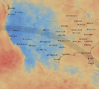 Map of the average cloud coverage across United States for the solar eclipse of 08/12/2045