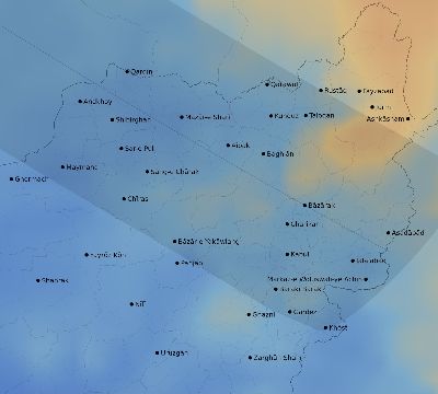 Map of the average cloud coverage across Afghanistan for the solar eclipse of 06/11/2048