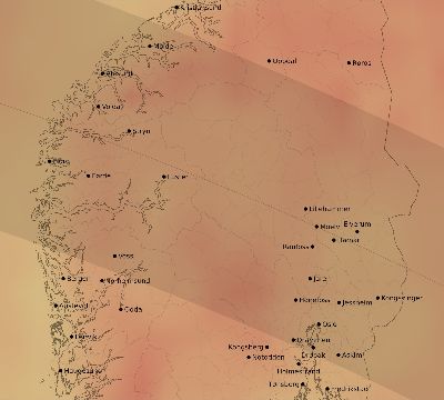 Map of the average cloud coverage across Norway for the solar eclipse of 06/11/2048