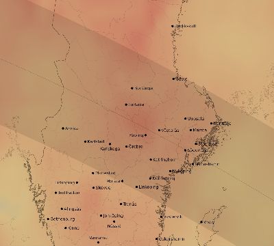 Map of the average cloud coverage across Sweden for the solar eclipse of 06/11/2048
