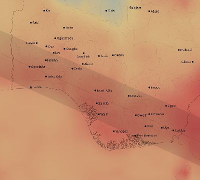 Map of the average cloud coverage across Nigeria for the solar eclipse of 05/31/2049