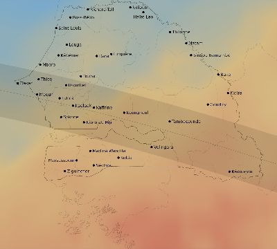 Map of the average cloud coverage across Senegal for the solar eclipse of 05/31/2049