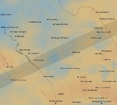 Map of the average cloud coverage across Mexico for the solar eclipse of 01/16/2056