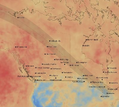 Map of the average cloud coverage across Canada for the solar eclipse of 07/01/2057