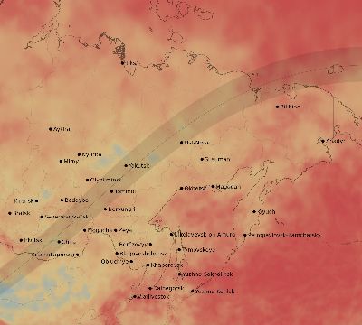 Map of the average cloud coverage across Russia for the solar eclipse of 07/01/2057