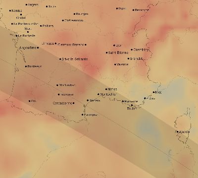 Map of the average cloud coverage across France for the solar eclipse of 11/05/2059